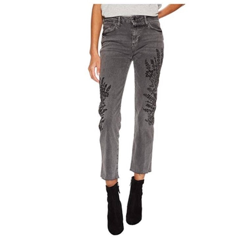 Free People Gray Jeans with Embroidery Detail